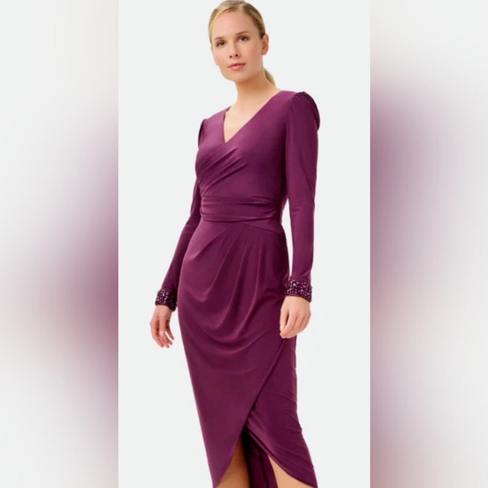 Adrianna Papell - V-Neck Long Sleeve Beaded Cuff Faux Wrap High-Low Midi